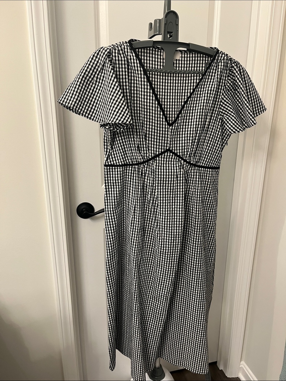 LOFT Black and White Gingham V-Neck Midi Dress